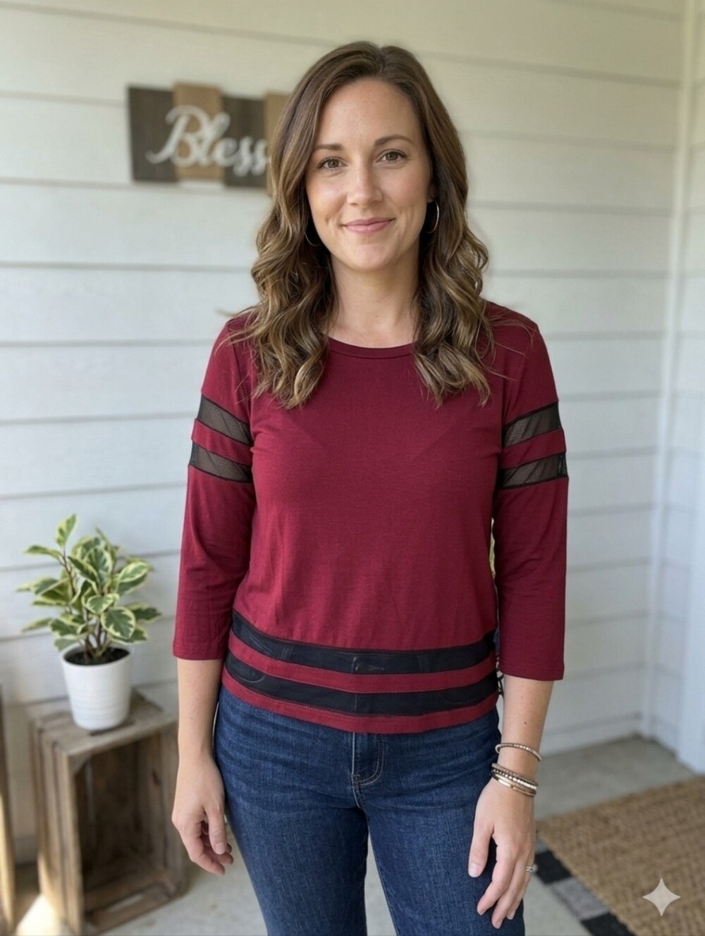 Occasion Women's Burgundy Long Sleeve Top with Black Mesh Stripes